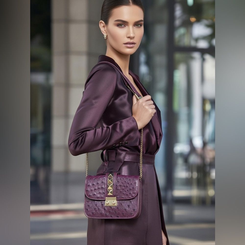 Street Level Plum Faux Ostrich Leather Flap Small Bag Gold Chain & Hardware NWOT